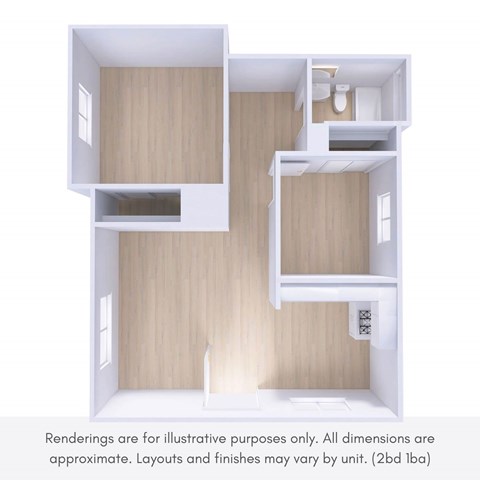 A 3D rendering of a small, modern apartment with two bedrooms and a living area.